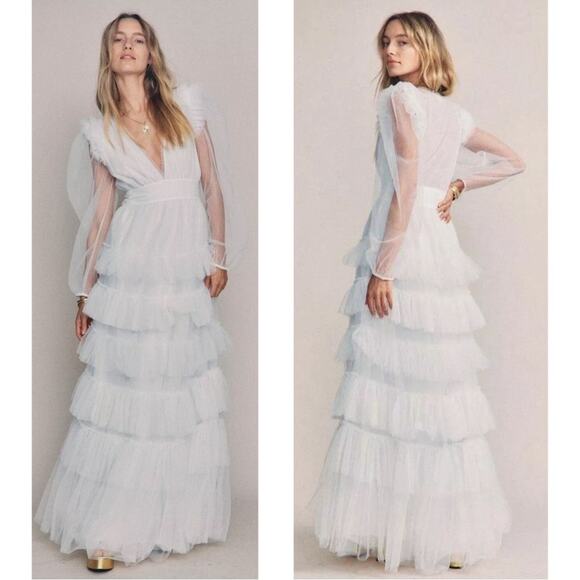 LoveShackFancy Francoise Tiered Tulle Long Sleeve Deep V White Maxi Gown Size 00 - Picture 1 of 11